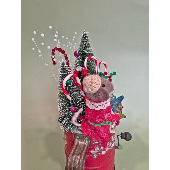 Christmas Assemblage in a Vintage Red Flour Sifter with Mouse and Holiday Decor - Picture 6 of 6